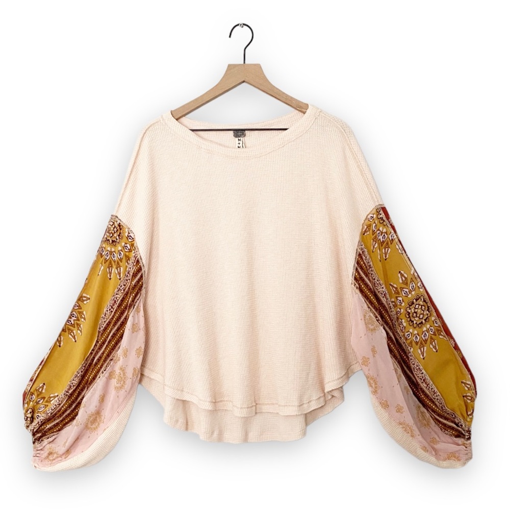 Free People We The Free Blossom Rose Thermal Top Patchwork Dolman Balloon Sleeve - Picture 2 of 11